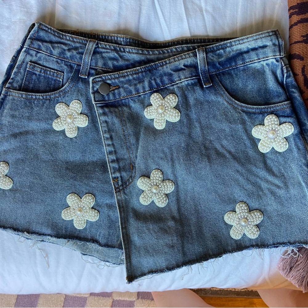 Vici Denim Skort with Floral Accents
